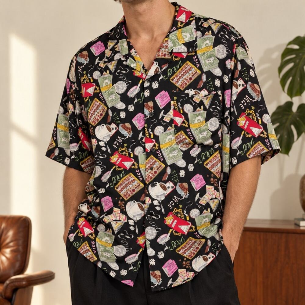 Vintage 1990 Nicole Miller Vices Silk Shirt Mens L Cigarettes Money Dice Martini